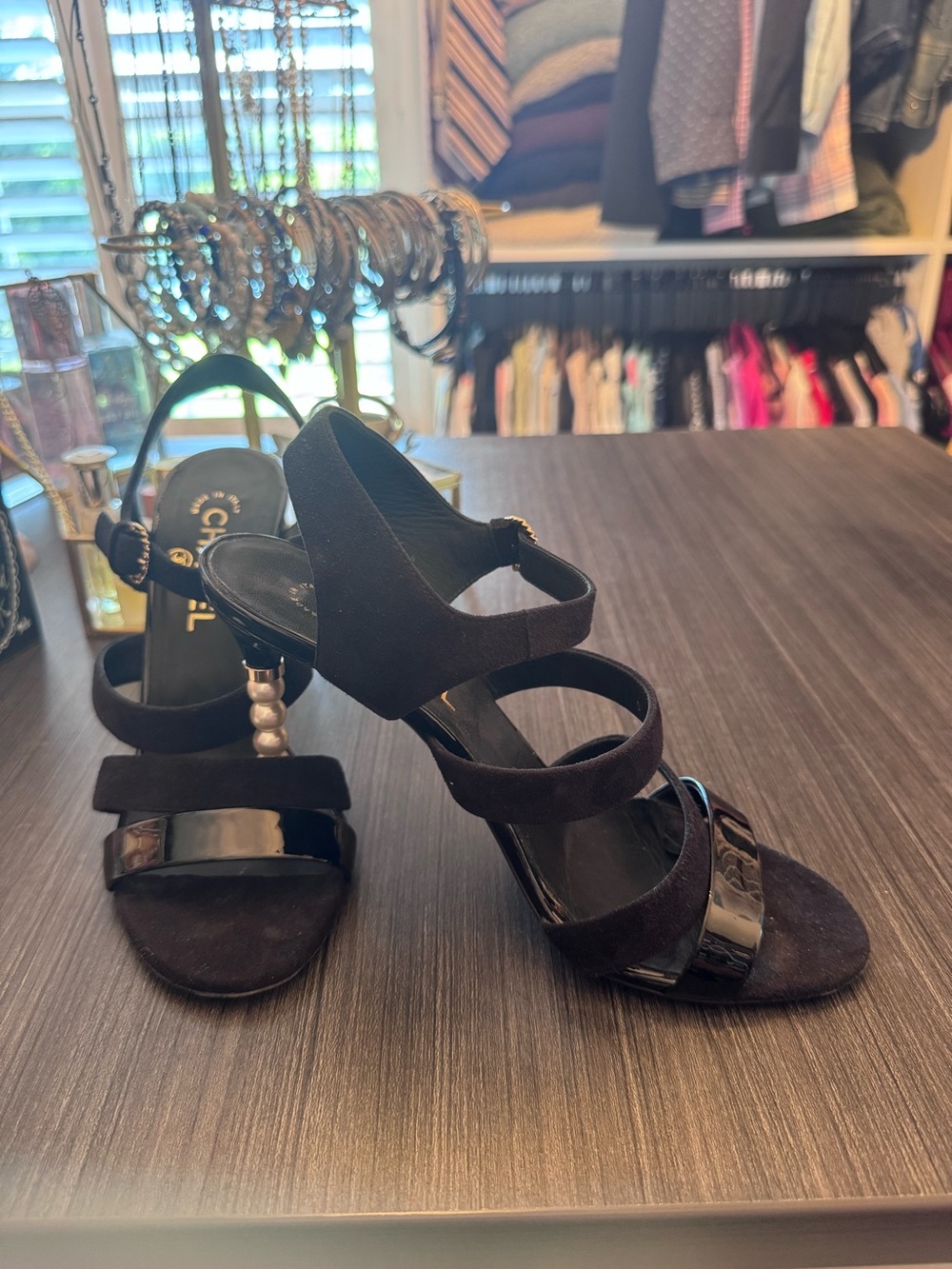 CHANEL Black Strappy Heel Sandals with Pearl-Accent Stiletto